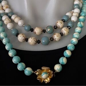 Vintage Japan Pearl Turquoise Blue Flecked  Bead 3 Strand Necklace/Earring Set